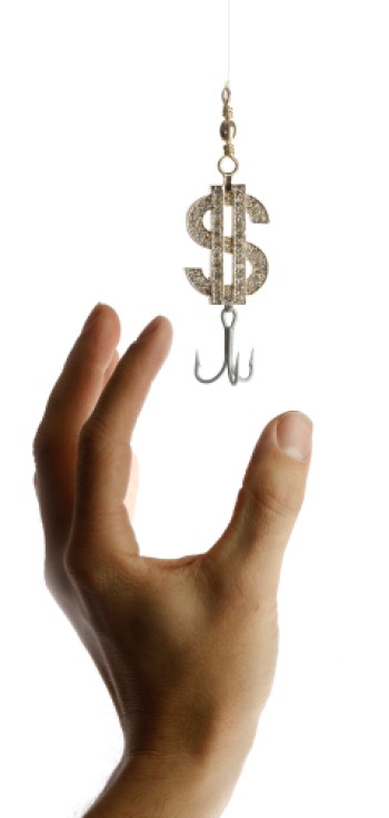 hand reaching for dollar sign with a fish hook attached