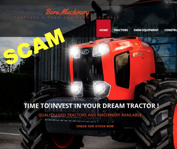screenshot of fake website Bora Machinery - tractor for sale
