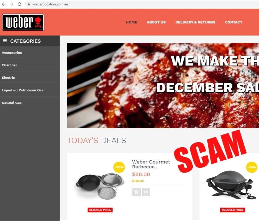 screen shot of fake Weber bbq web page with the copy Scam