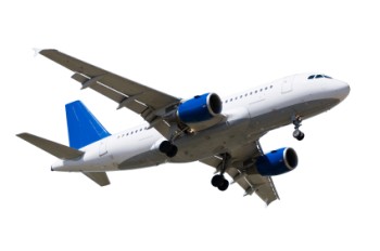 an airplane (white with a blue tail) on a white background.