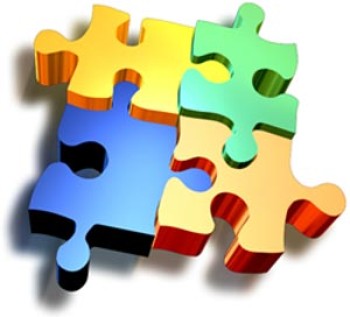 Four colourful  puzzle pieces blue, yellow green and orange 