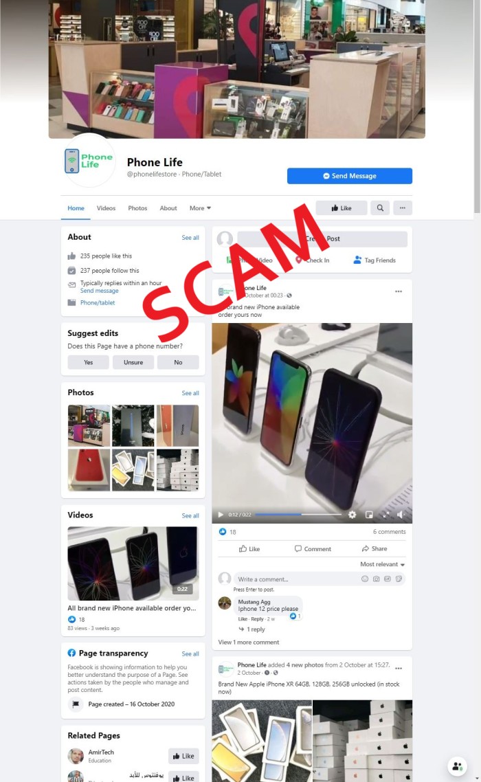 Scam FB page  - Phone Life
