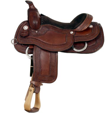 A brown leather saddle on a white background