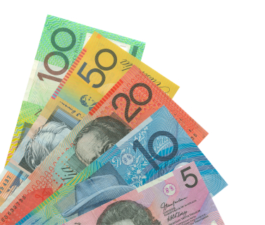 The Australian money notes spread out in a fan
