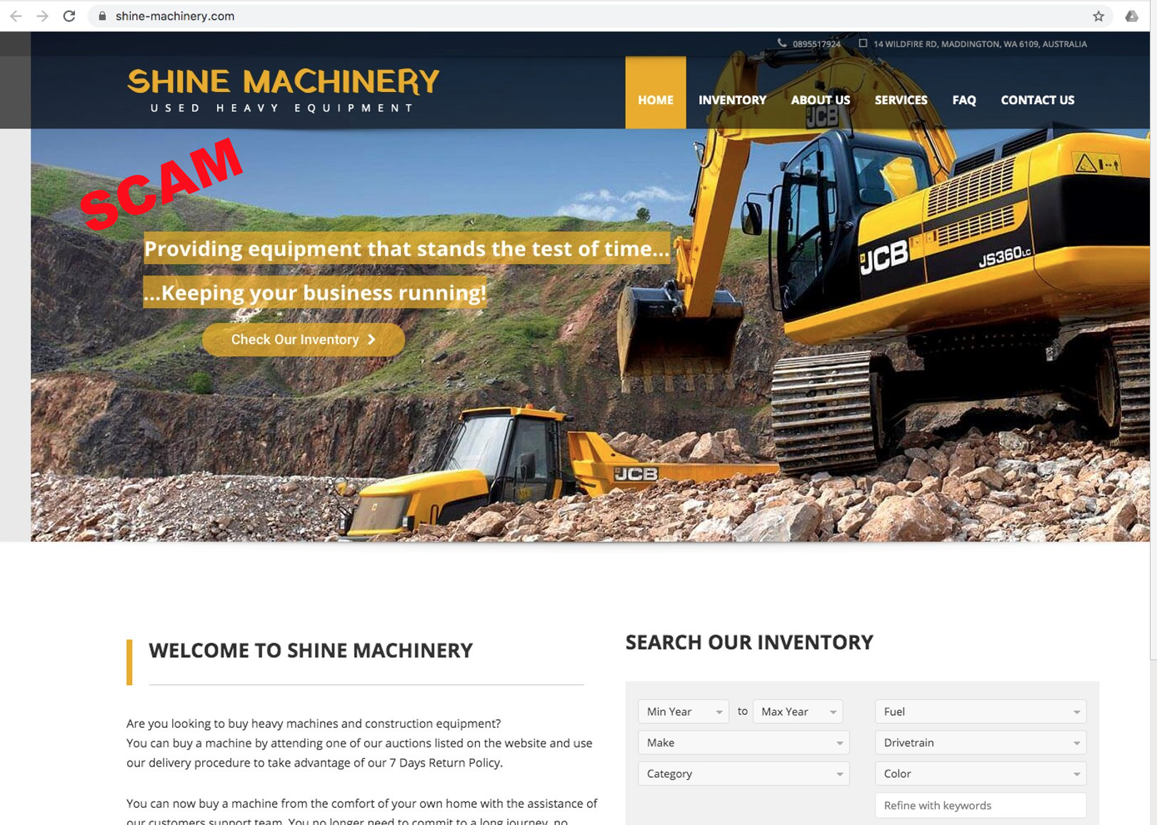 screenshot of fake farm machinery website