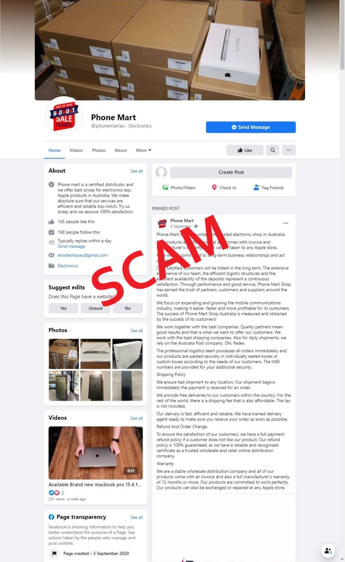 Scam FB page  - Phone Mart 2