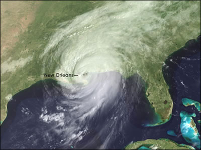 An aerial photograph of hurricane Katrina