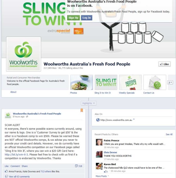 screen shot of Woolworths $50 survey scam report on Facebook