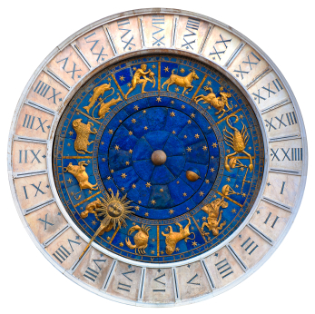 A pottery astrological circle marking the passage of the zodiac signs in gold and blue