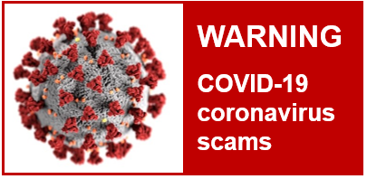 Virus molecule with text Warning COVID-19 coronavirus scams