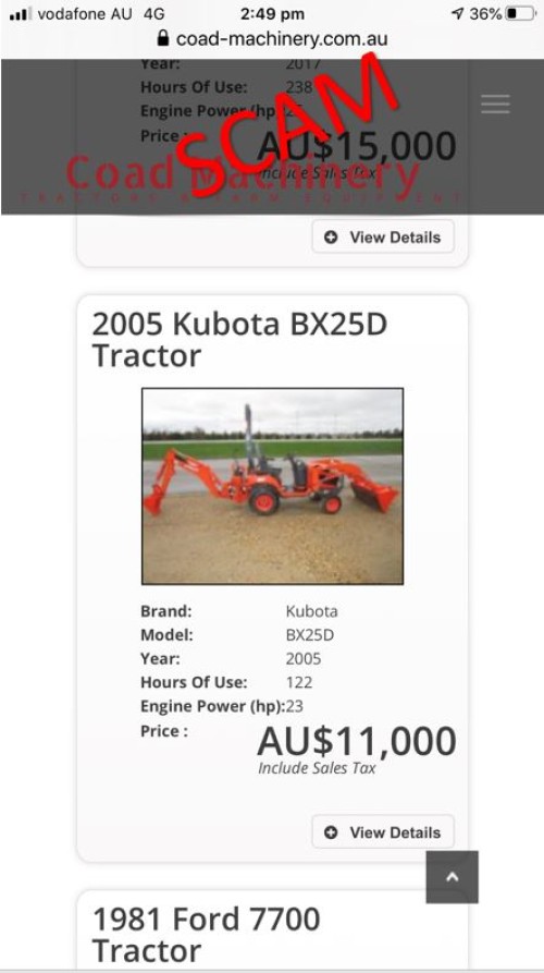 screenshot of fake website Coad Machinery - tractor for sale