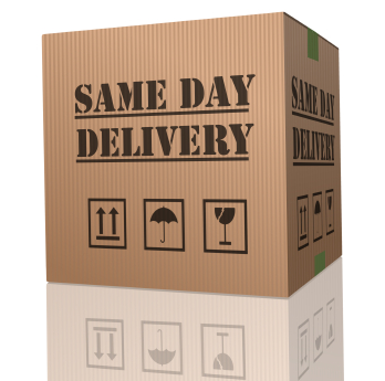 A cardboard box with the words “same day delivery” written on it 