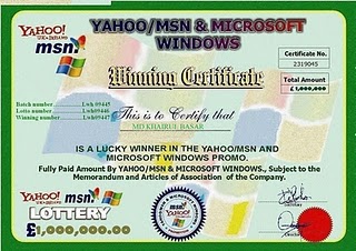 An example of a yahoo and msn scam certificate