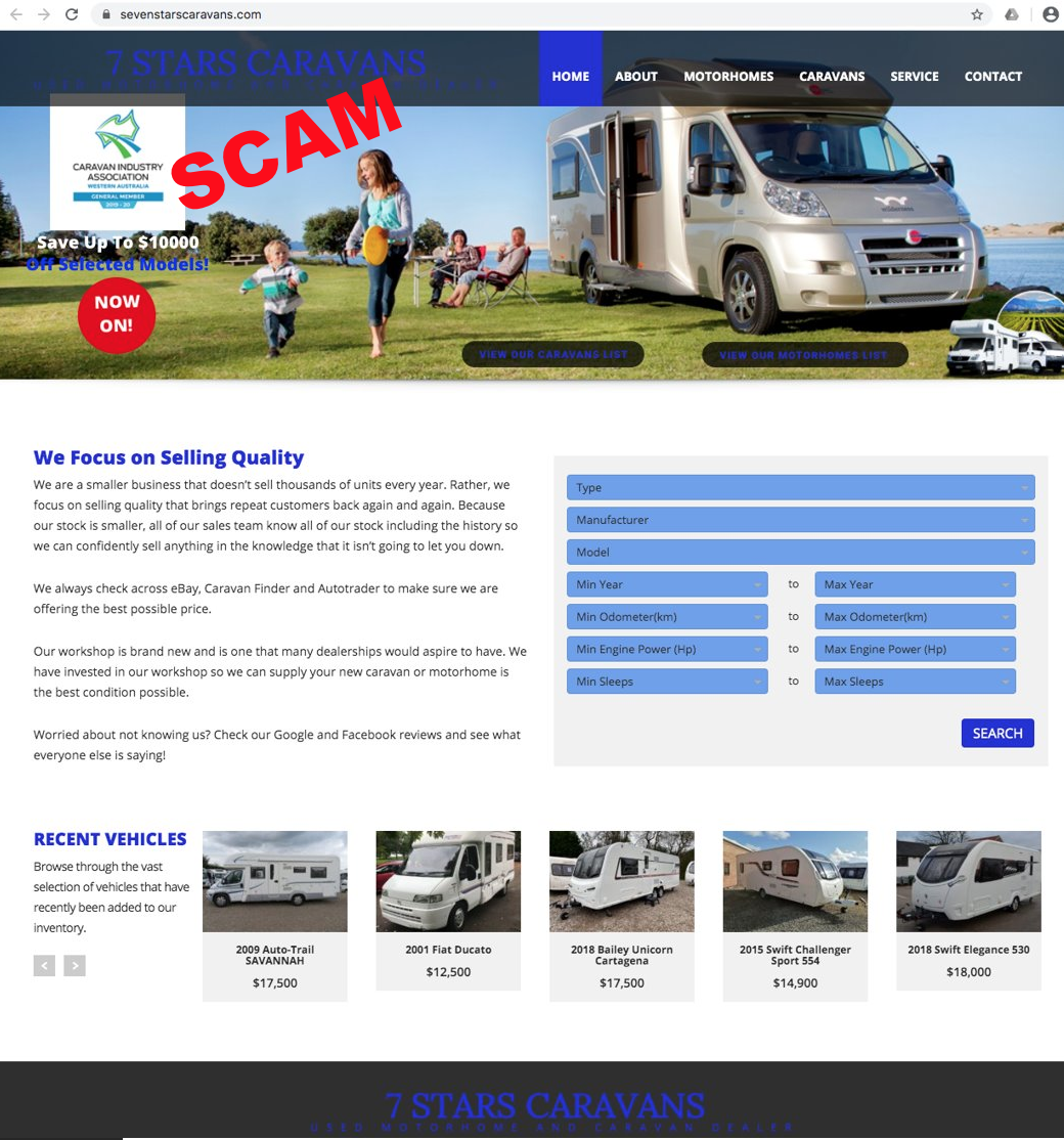 screenshot of fake caravan website