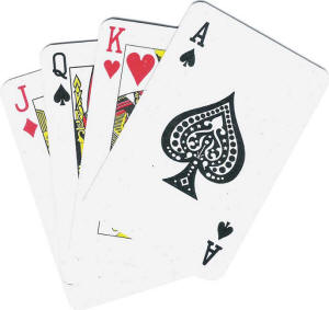 A fan of cards showing a Jack, Queen, King and Ace on a white background