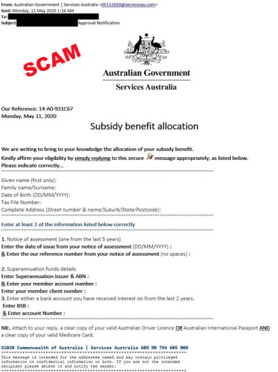 image of scam Services Australia COVID-19 email