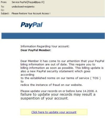 An example of a scam paypal email with the offical paypal logo