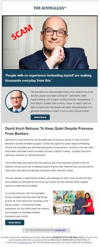 screenshot of fake new article with fake David Koch endorsement