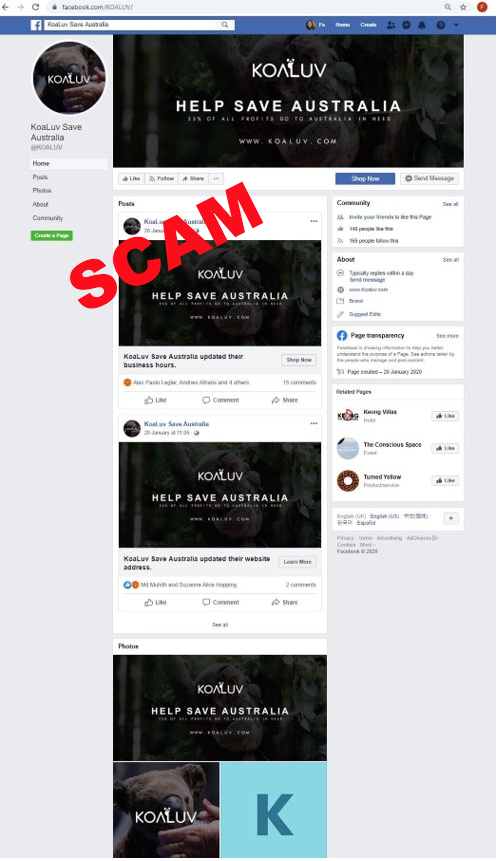 screenshot of Koaluv facebook scam