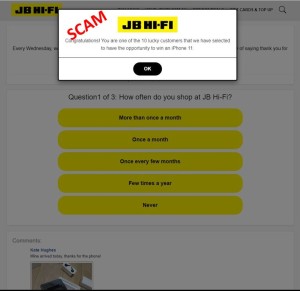 screenshot of fake JB HiFi scam survey website