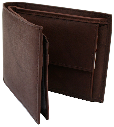 A brown leather wallet open and empty on a white background 