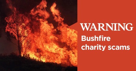 fire blazing though bush with Warning Bushfire charity scam copy
