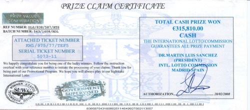 An example of a prize claim scam certificate