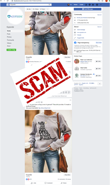 screenshot of gypside facebook scam